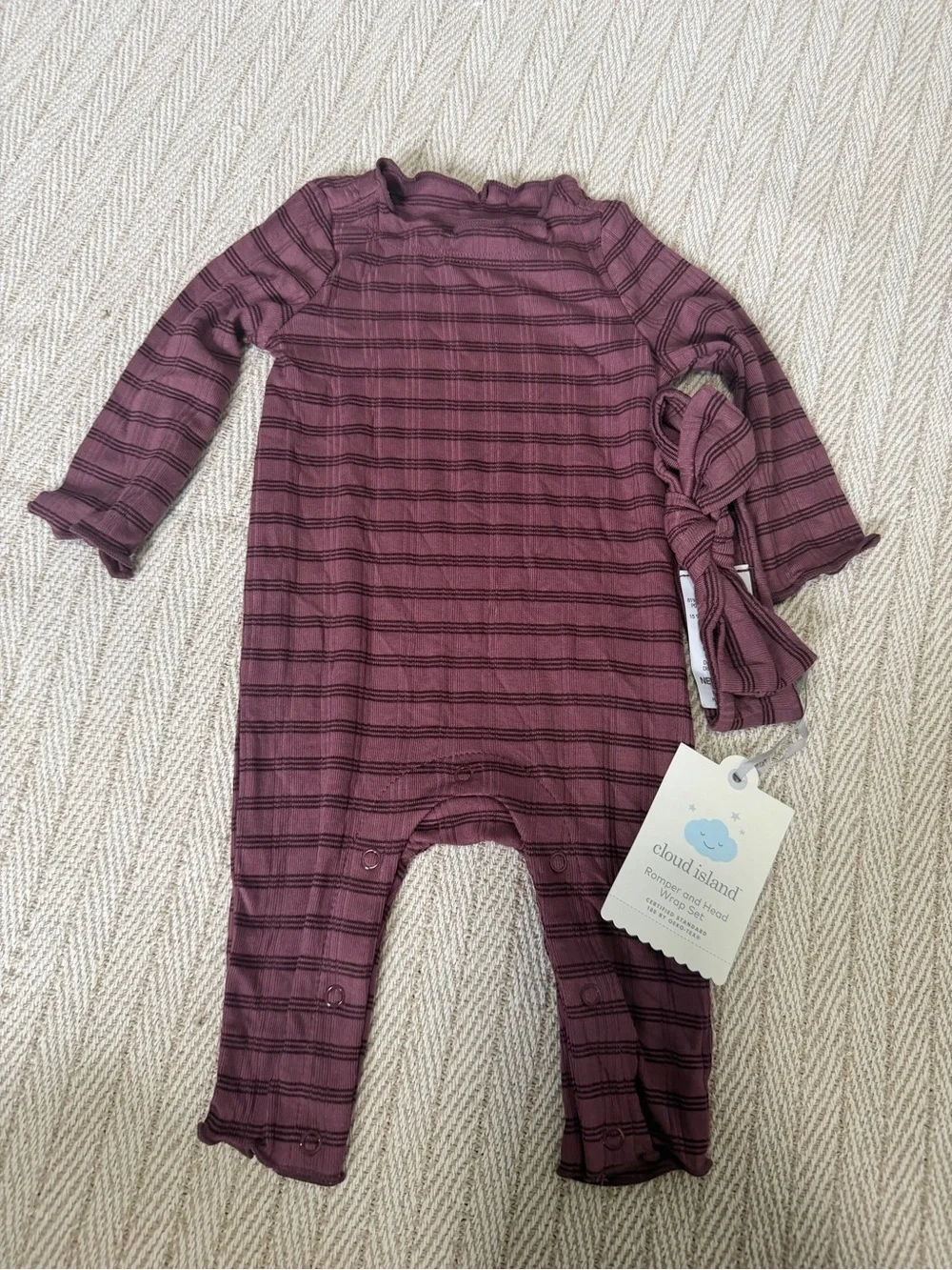 cloud island Plum Striped Ruffle Neck Footed One-Piece with Headband